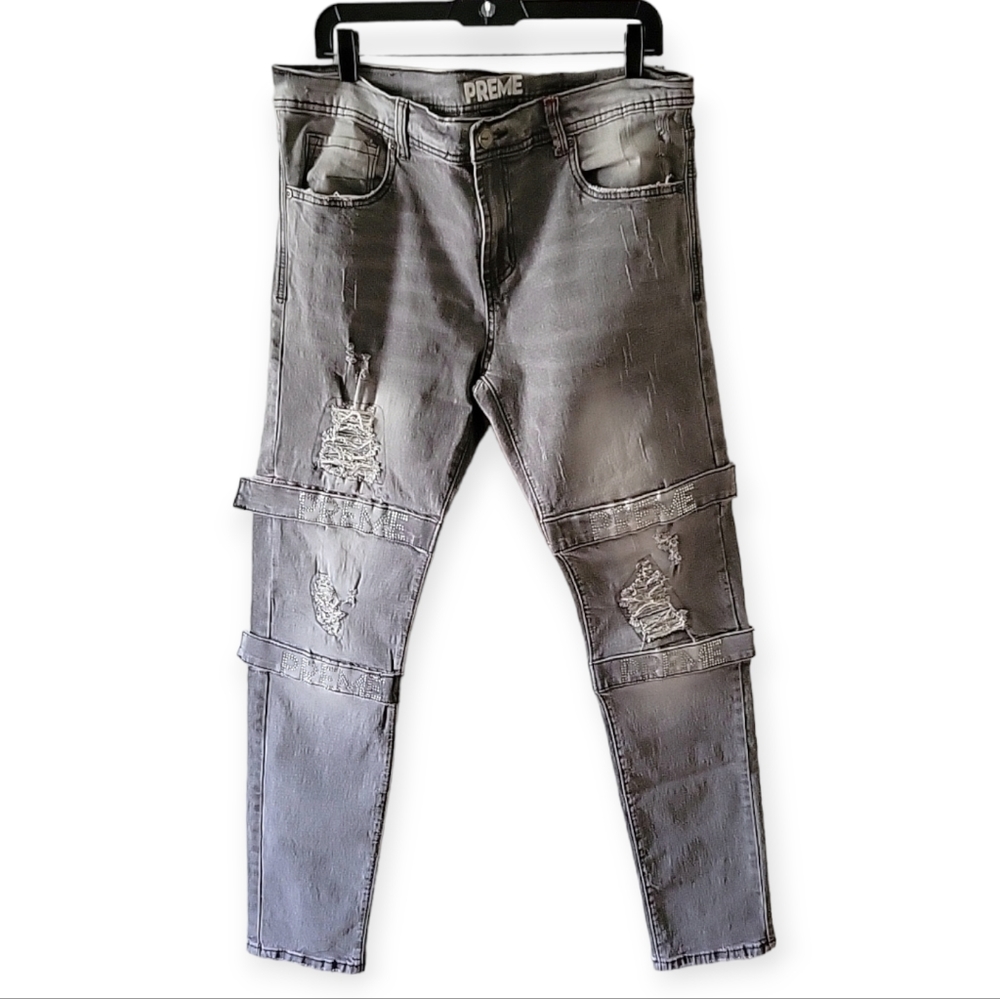 PREME DENIM BERLIN GREY JEANS (CLEAR RHINESTONE STRAP